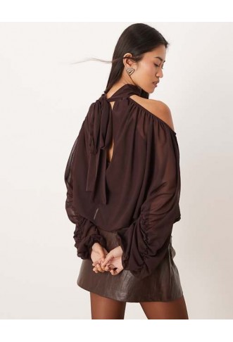 Gina Tricot high neck cold shoulder blouse in chocolate