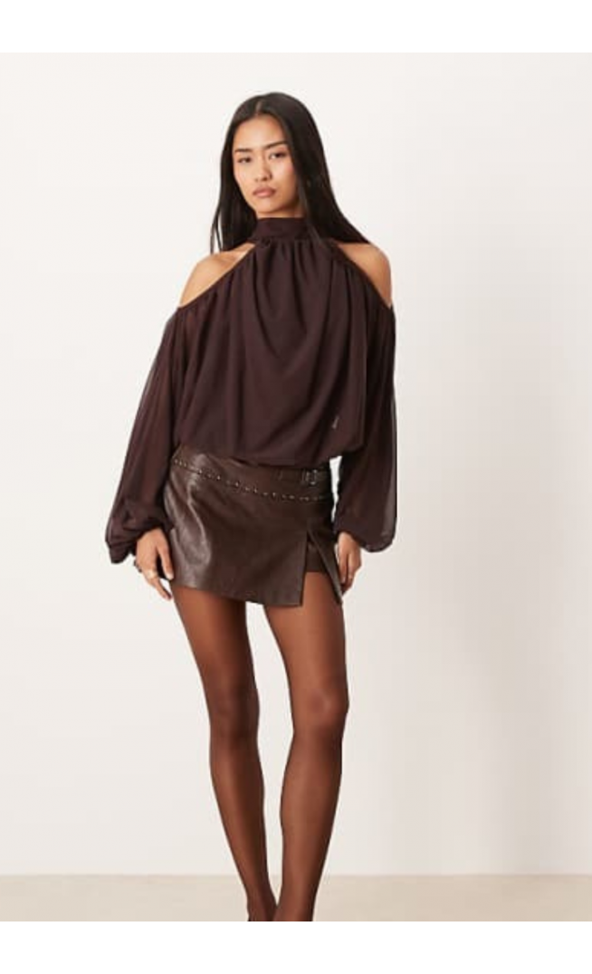 Gina Tricot high neck cold shoulder blouse in chocolate