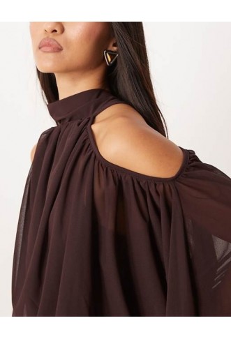 Gina Tricot high neck cold shoulder blouse in chocolate