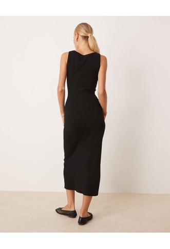 Mango compact knit midi tea dress with tie detail in black