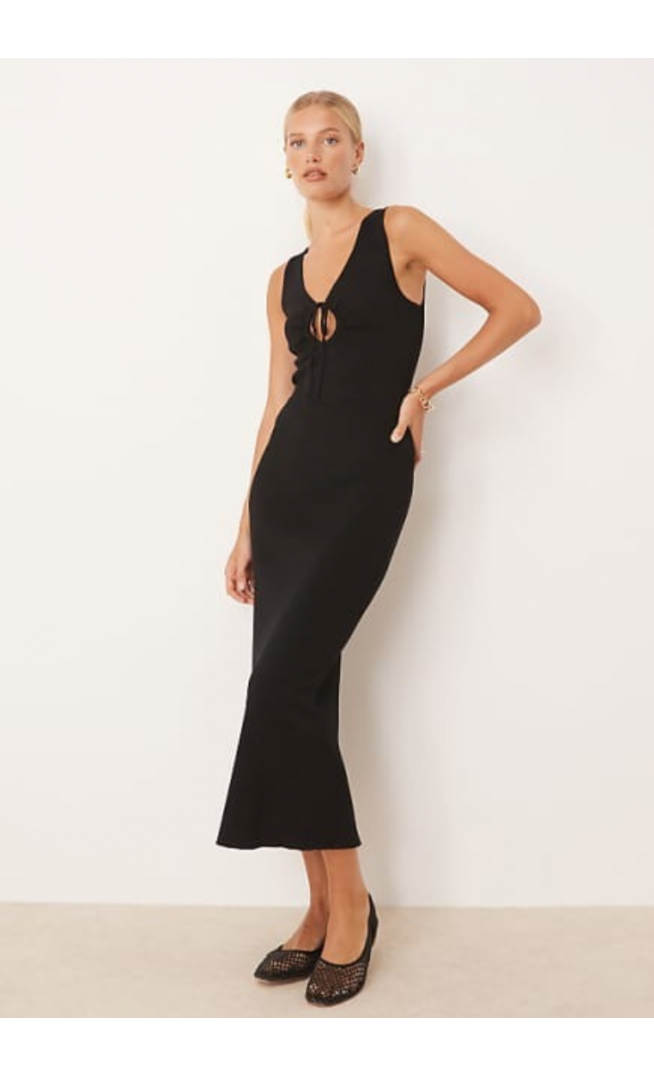 Mango compact knit midi tea dress with tie detail in black