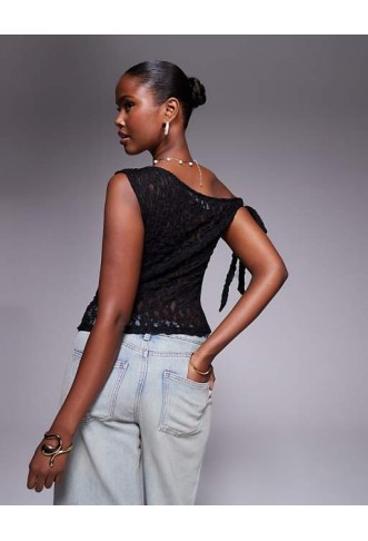 ASOS DESIGN lace tie fallen shoulder sheer top