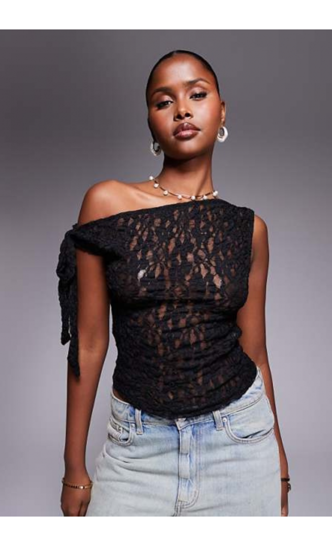 ASOS DESIGN lace tie fallen shoulder sheer top