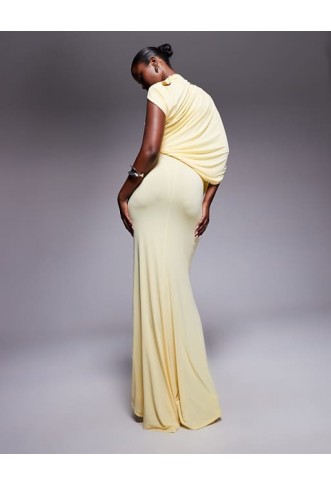 ASOS DESIGN one shoulder drape maxi dress with cape detail in buttermilk yellow