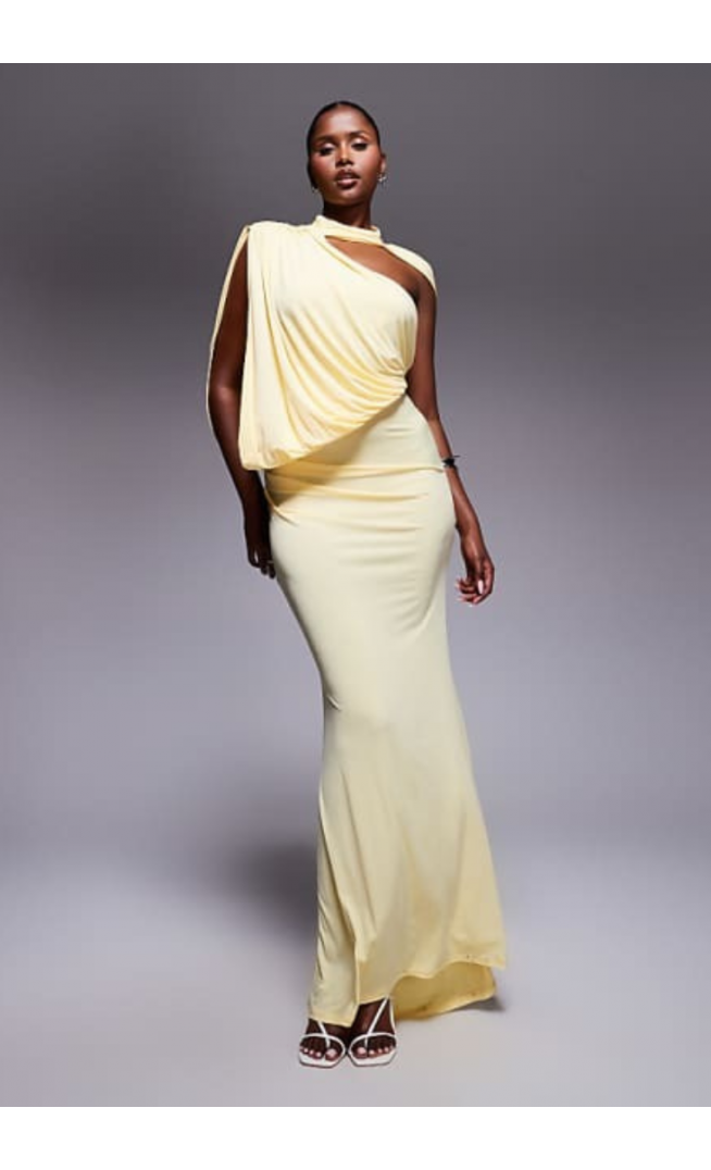 ASOS DESIGN one shoulder drape maxi dress with cape detail in buttermilk yellow
