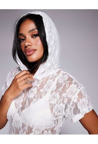 Liquor N Poker sleeveless lace hoodie in white