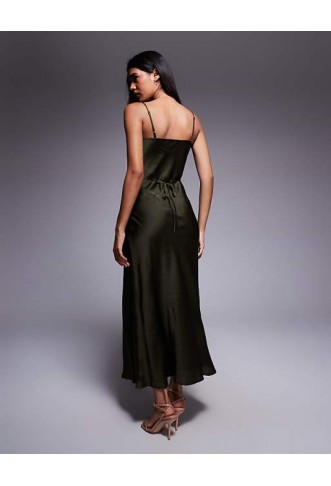 New Look satin cowl neck midi dress in khaki