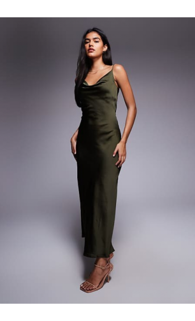 New Look satin cowl neck midi dress in khaki