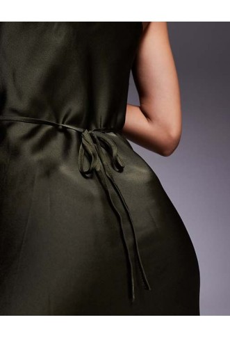 New Look satin cowl neck midi dress in khaki