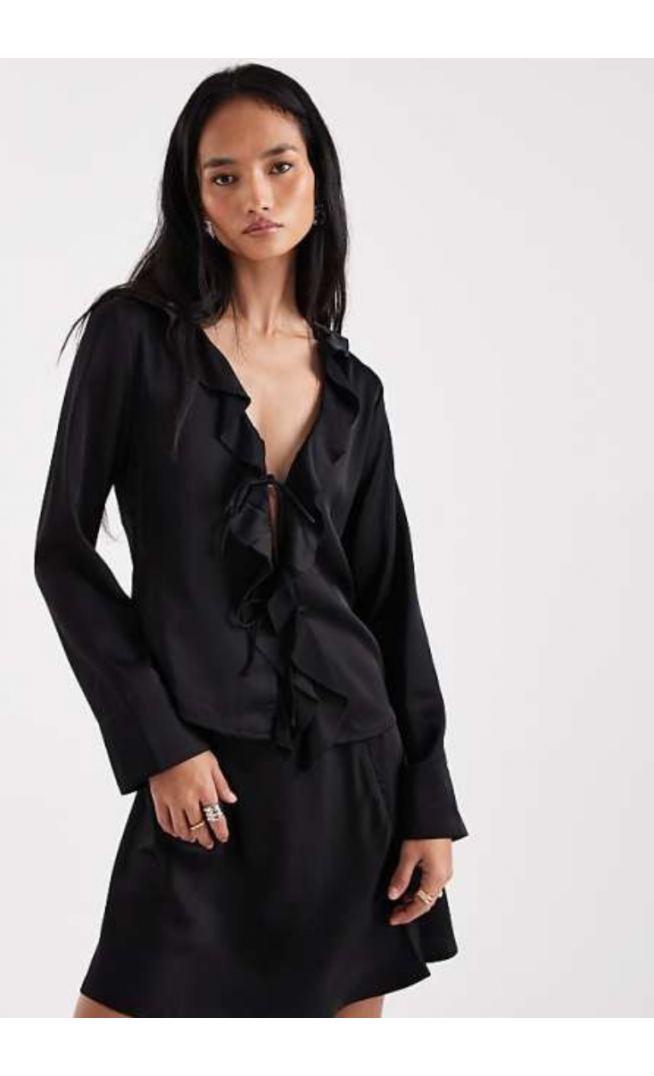 ONLY satin tie front top co-ord in black