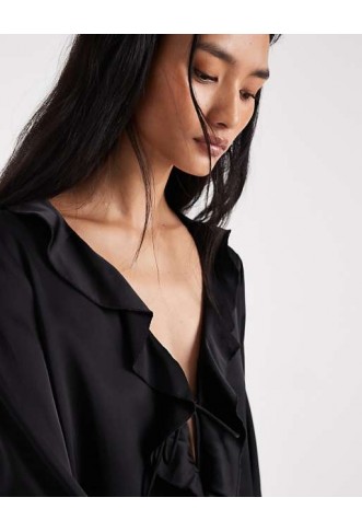 ONLY satin tie front top co-ord in black