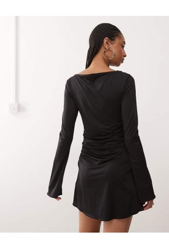 Monki long sleeve ruched mini dress in black