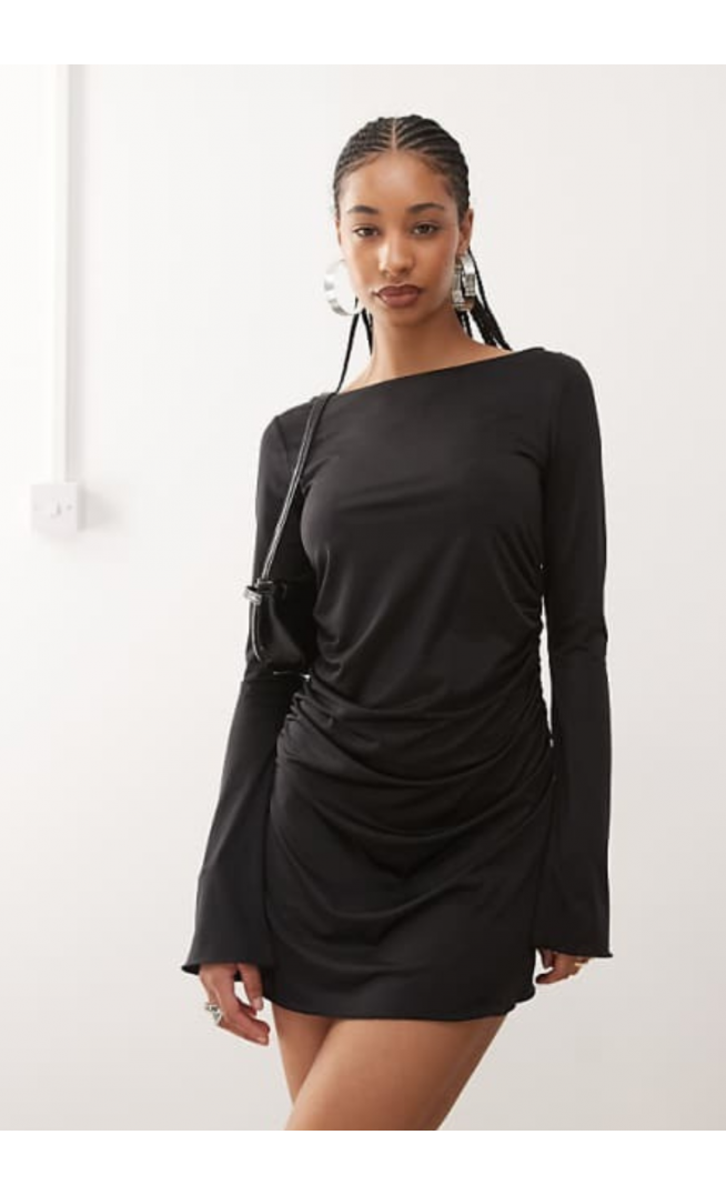 Monki long sleeve ruched mini dress in black