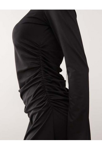 Monki long sleeve ruched mini dress in black