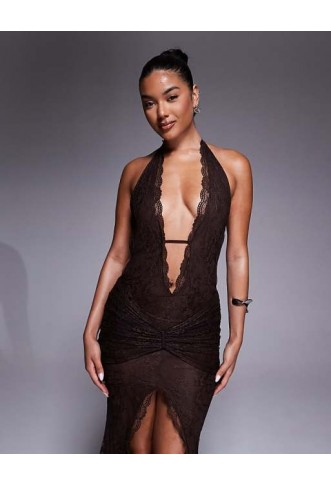 Murci exclusive lace halterneck front split maxi dress