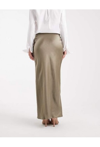 4th & Reckless satin column maxi skirt in olive