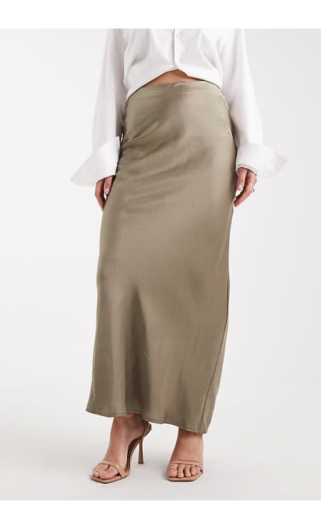 4th & Reckless satin column maxi skirt in olive