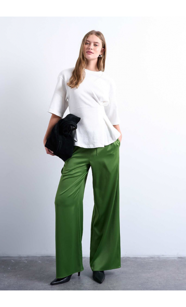 Topshop Satin tie waist wide leg trouser in green