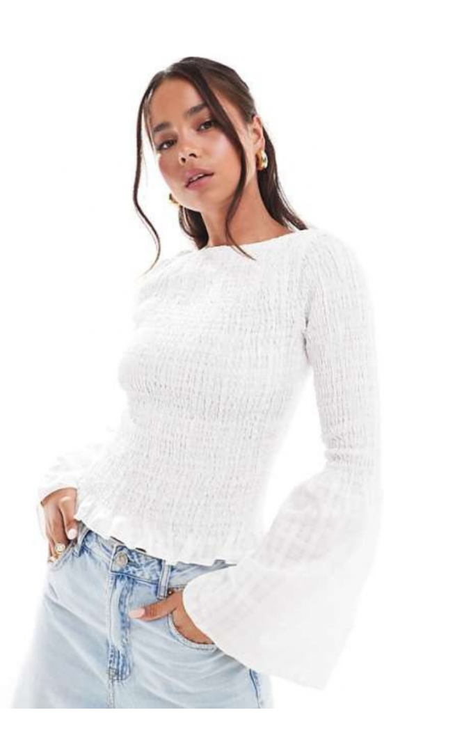 ASOS DESIGN shirred top with angel sleeves in white