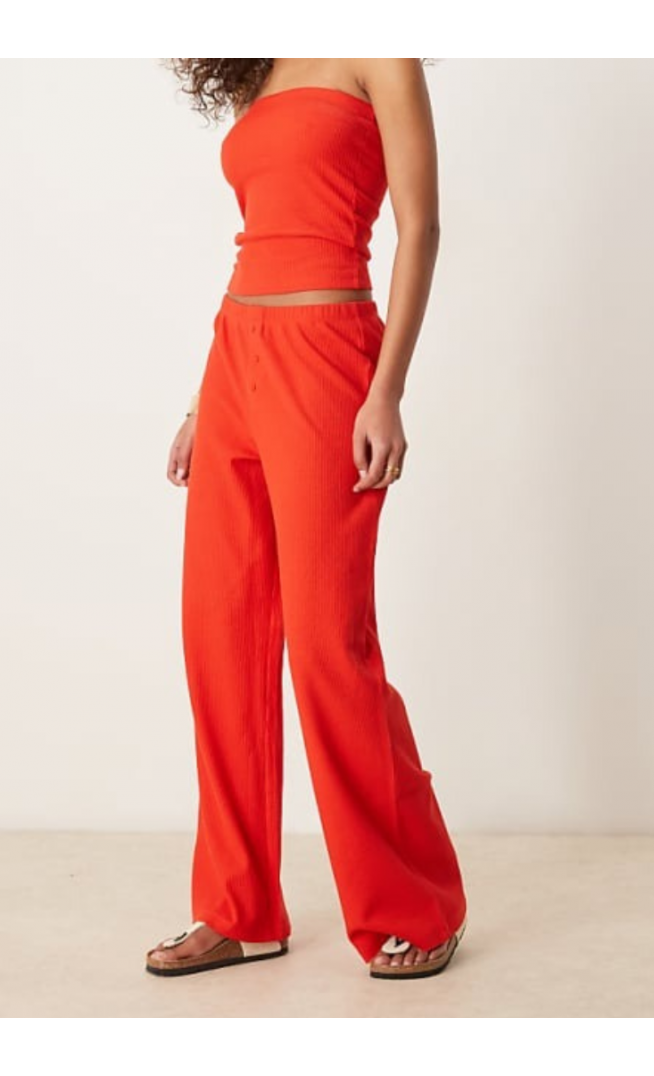 ASOS DESIGN wide leg waffle trouser in red
