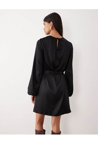 Vila balloon sleeve satin tie waist mini dress in black