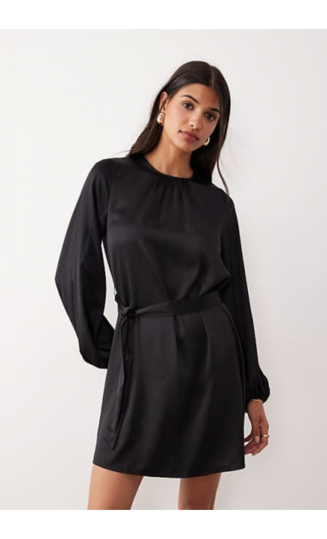 Vila balloon sleeve satin tie waist mini dress in black