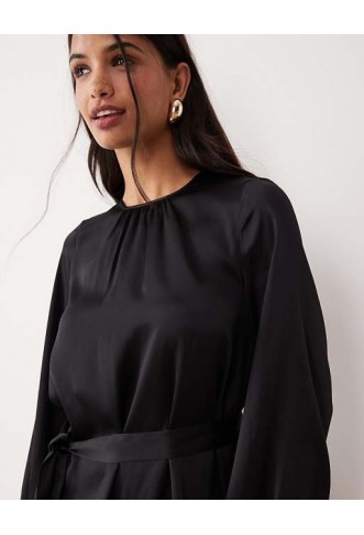 Vila balloon sleeve satin tie waist mini dress in black