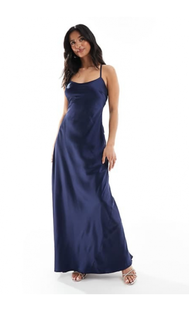 TFNC Petite Bridesmaid cami satin maxi dress in navy