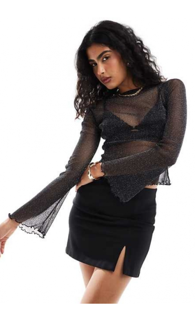 ASOS DESIGN glitter mesh sheer angel sleeve top