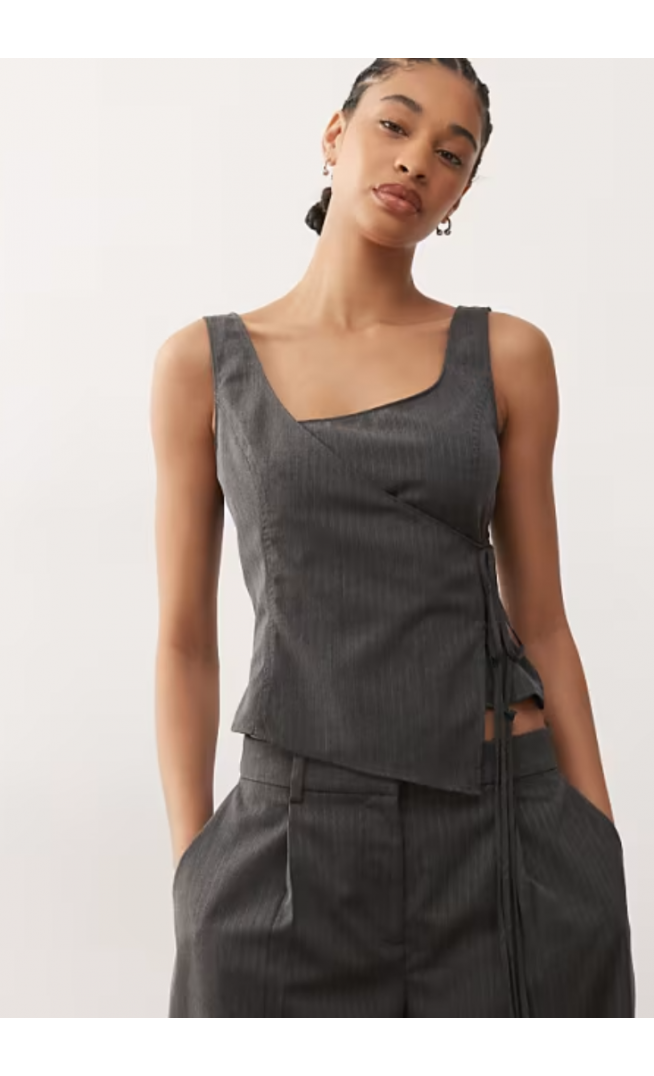 Weekday co-ord wrap top in grey pinstripe