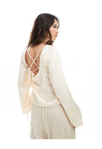 ASOS DESIGN tie back satin long sleeve top