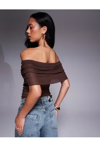 ASOS DESIGN mesh fold over ruched off shoulder top