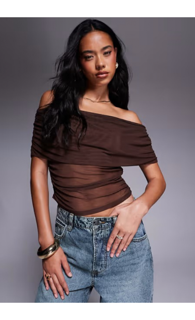 ASOS DESIGN mesh fold over ruched off shoulder top