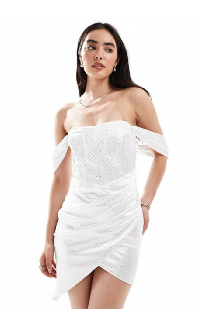 TFNC bandeau drop shoulder corset wrap mini dress