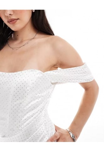 TFNC bandeau drop shoulder corset wrap mini dress