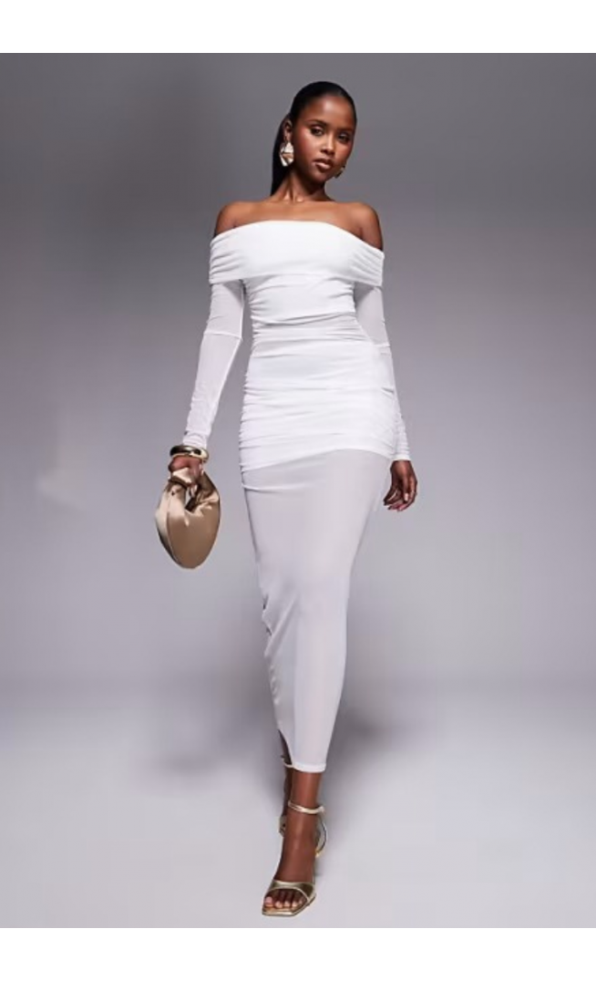 Missyempire mesh insert bardot maxi dress in white