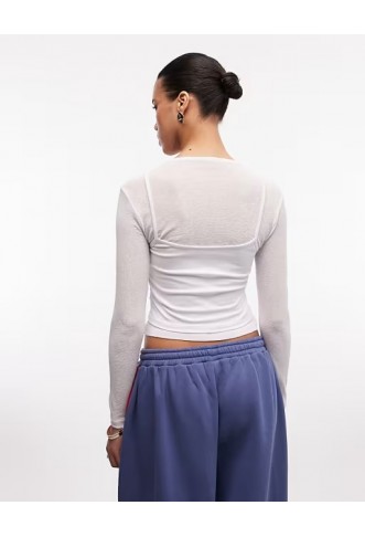 COLLUSION Double layer sheer long sleeve top in white