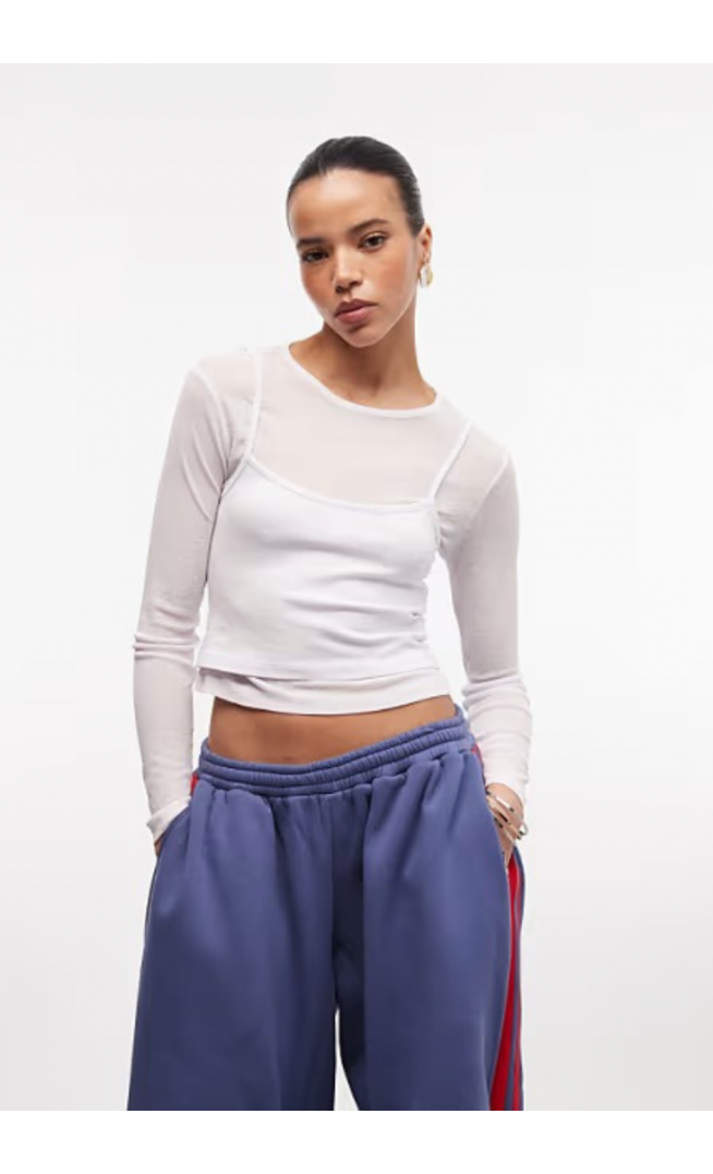 COLLUSION Double layer sheer long sleeve top in white
