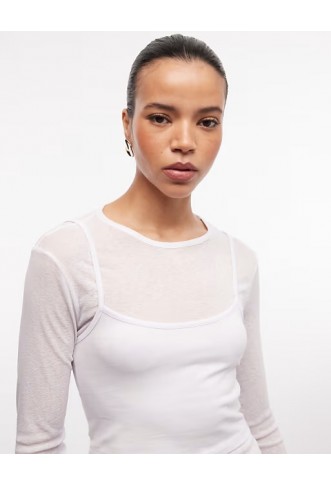 COLLUSION Double layer sheer long sleeve top in white