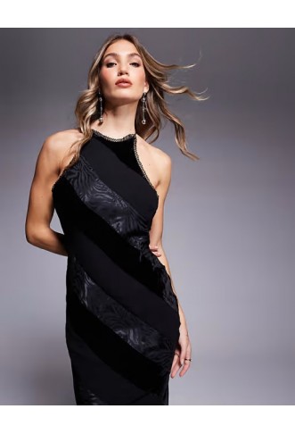 Asos Design racer neck velvet panelled maxi dress