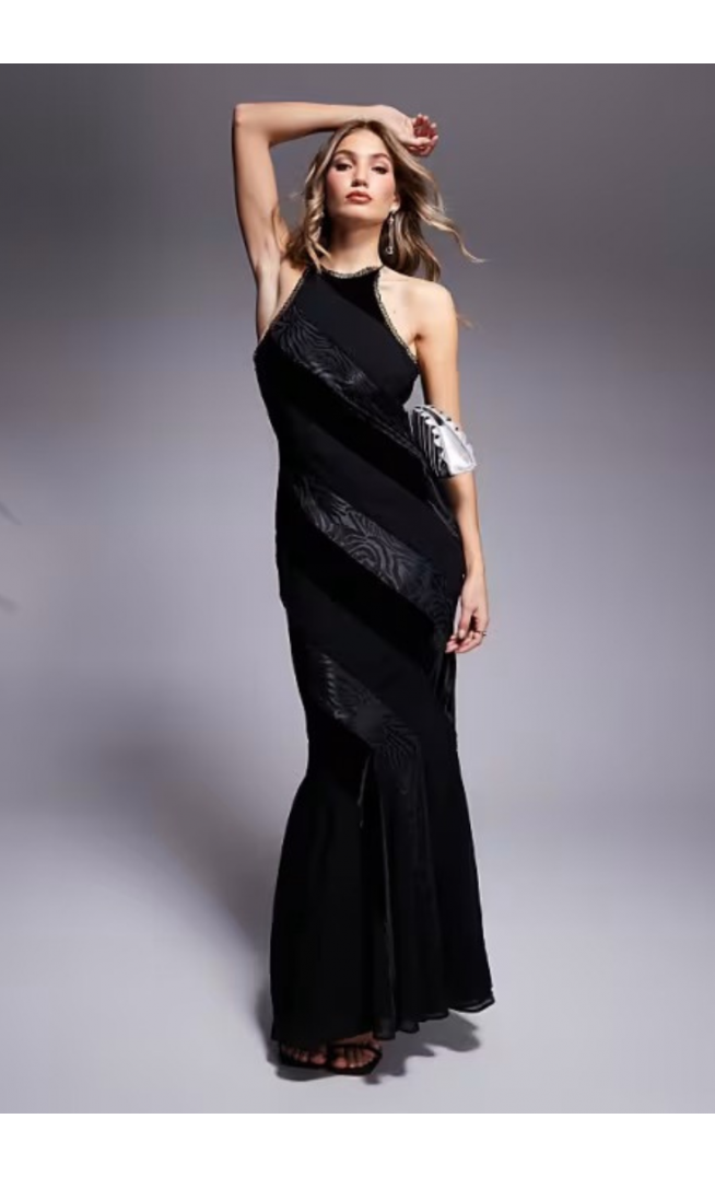 Asos Design racer neck velvet panelled maxi dress