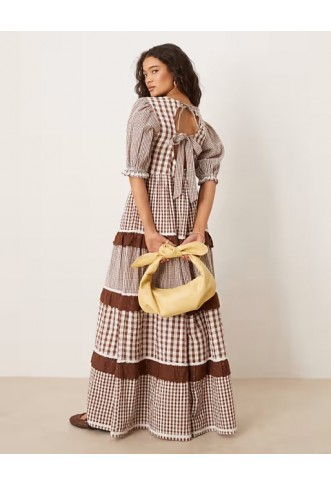 Neon Rose gingham ruffle detail puff sleeve smock dress