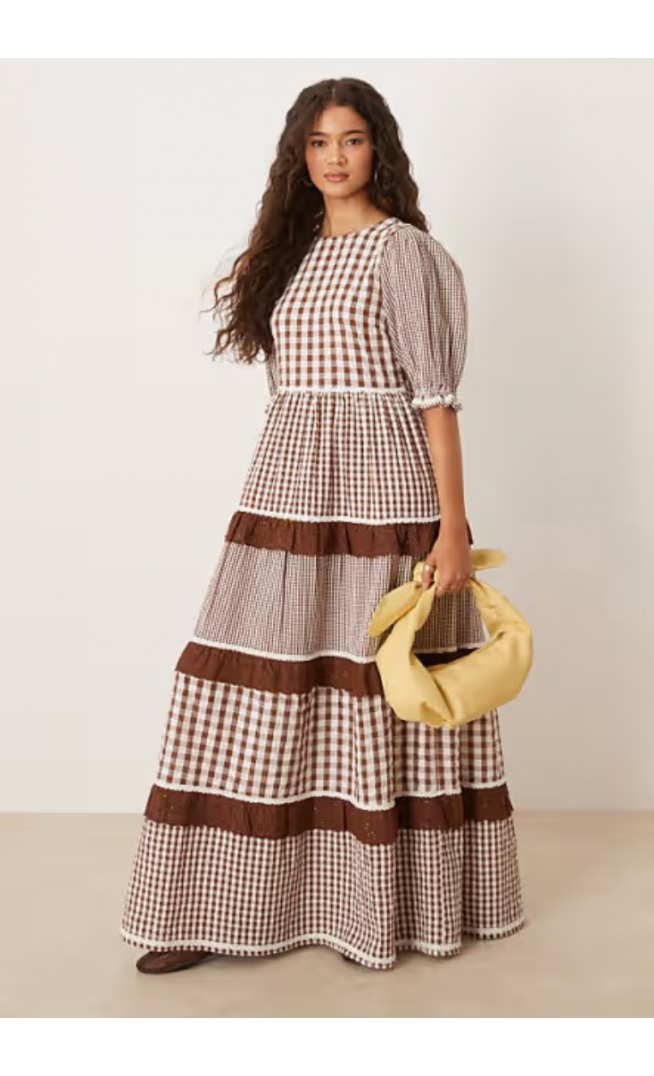 Neon Rose gingham ruffle detail puff sleeve smock dress