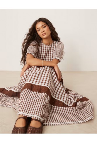 Neon Rose gingham ruffle detail puff sleeve smock dress