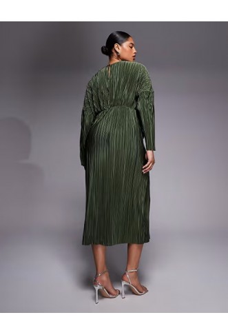 ASOS DESIGN Curve plisse long sleeve drape waist midi dress