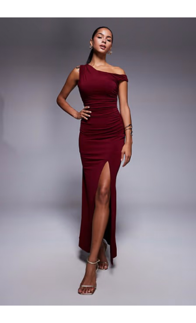 TFNC one shoulder midaxi dress with thigh split in cherry