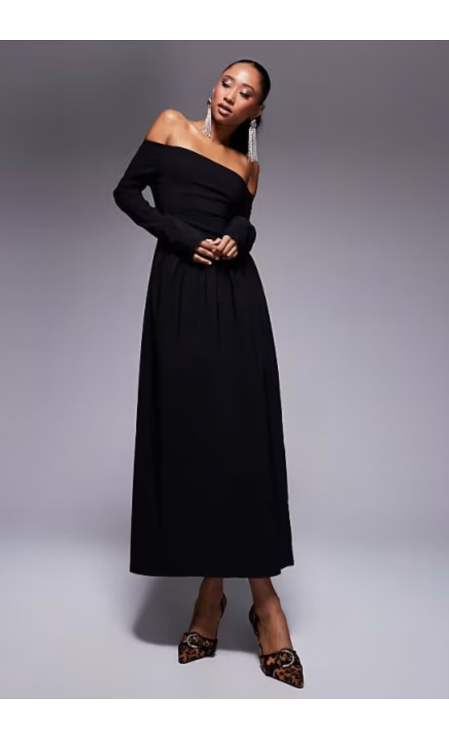 ASOS DESIGN bengaline long sleeve bardot midi dress in black