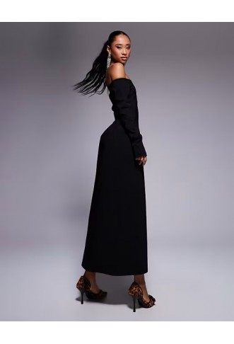 ASOS DESIGN bengaline long sleeve bardot midi dress in black