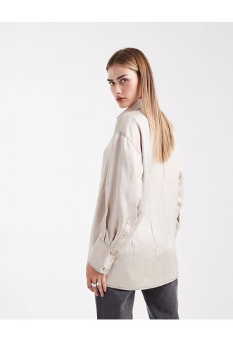 ASOS DESIGN crushed satin contrast stitch longline shirt