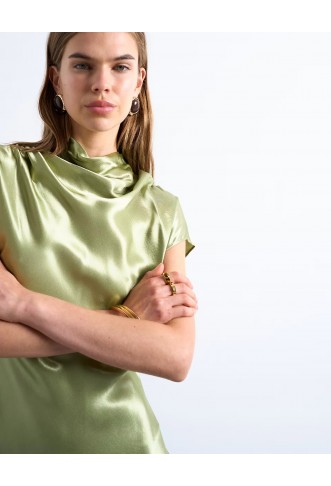 Topshop grown on sleeve satin dress in olive